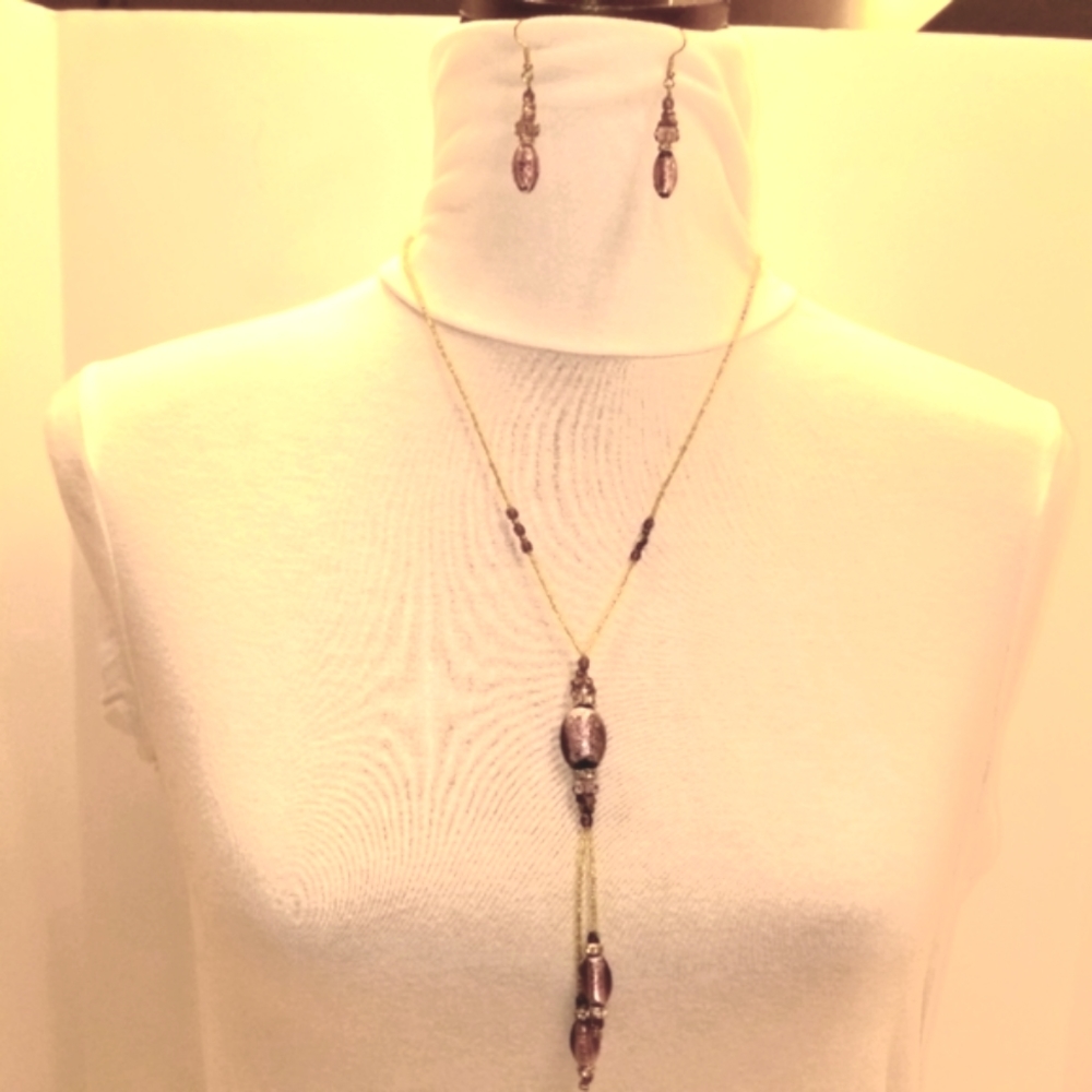 🔻REDUCED Vecchia Murano Italian Handblown purple glass beads Y necklace earring
